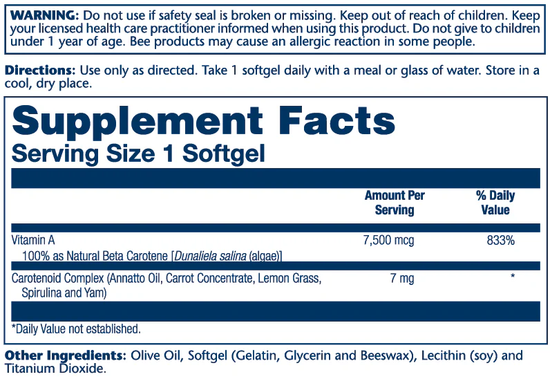 Solaray Food Carotene, Vitamin a As Beta Carotene 7500mcg 50 Softgels