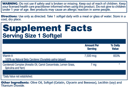 Solaray Food Carotene, Vitamin a As Beta Carotene 7500mcg 50 Softgels
