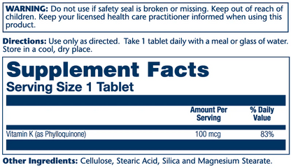 Solaray Vitamin K-1, 100mcg 100 Tabs