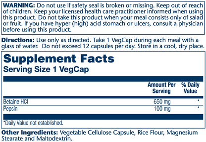 Solaray High Potency Betaine H Cl with Pepsin 100 Caps
