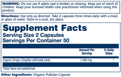 Solaray Organic Ginger Root 1080mg 100 Caps
