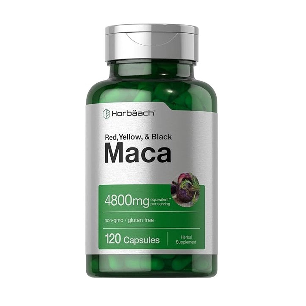 Horbäach Maca Root 4800mg – Red, Yellow & Black Blend | Non-GMO, Gluten-Free Dietary Supplement | 120 Capsules