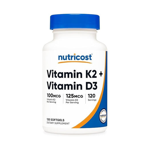 Nutricost Vitamin K2 + Vitamin D3 100mcg & 125mcg – Supports Bone & Immune Health Dietary Supplement | 120 Softgels