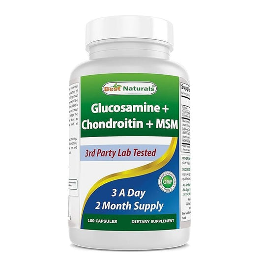 Best Naturals Glucosamine, Chondroitin & MSM – Joint Support Formula 3rd Party Lab Tested | GMP Certified | 180 Capsules | 2-Month Supply | Take 3 Daily | Dietary Supplement