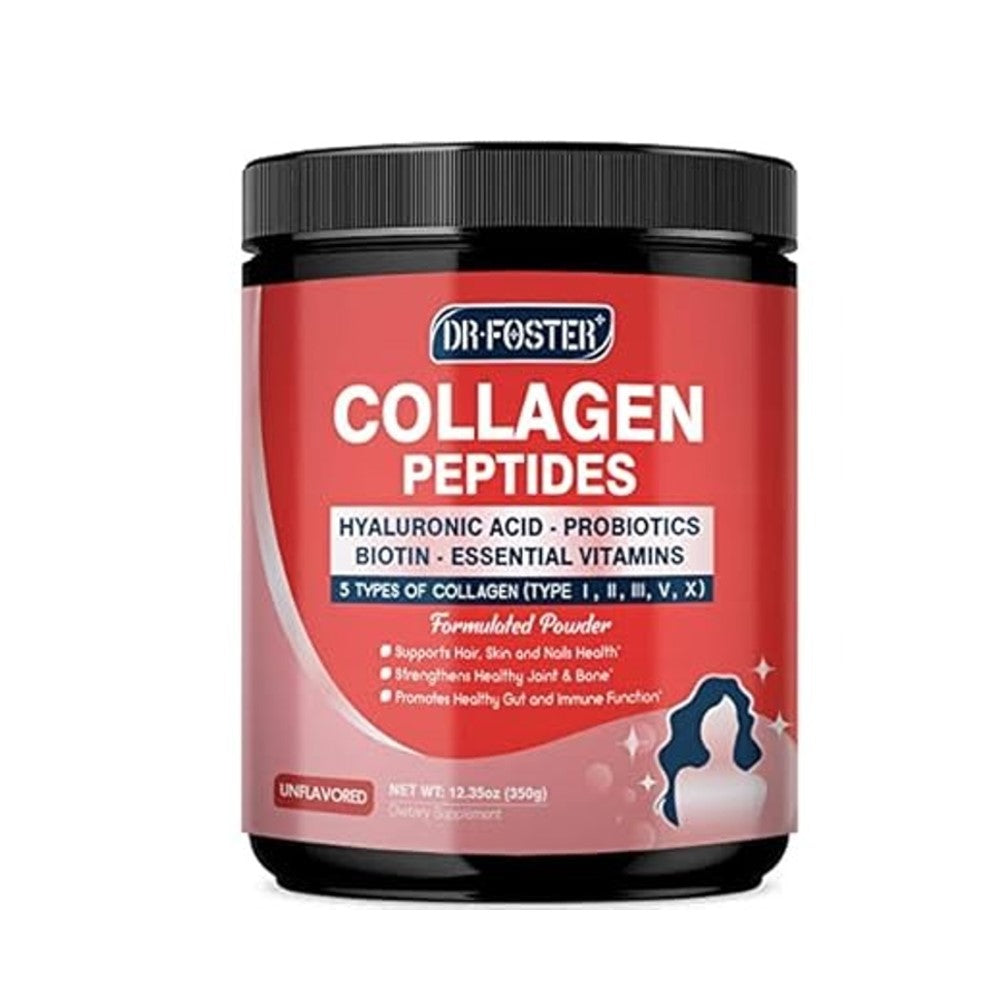 Dr. Foster Collagen Peptides with Hyaluronic Acid, Probiotics, Biotin & Essential Vitamins Supports Hair, Skin, Nails, Bone Health, Joint Strength & Gut Function | 5 Types of Collagen (Type I, II, III, V, X) | 500g (11lb)