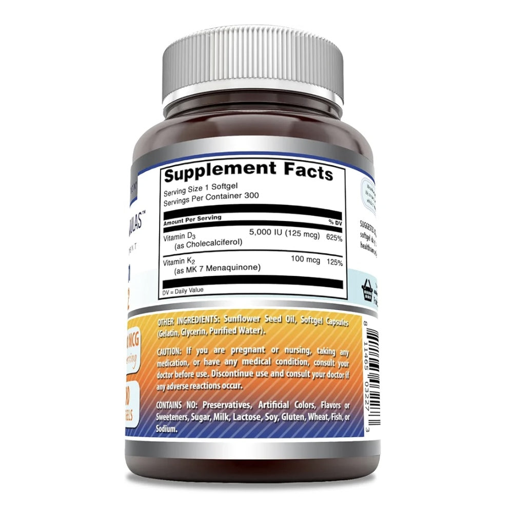 Amazing Formulas Vitamin D3 (as Cholecalciferol) 5000 Iu + Vitamin K2 100 Mcg